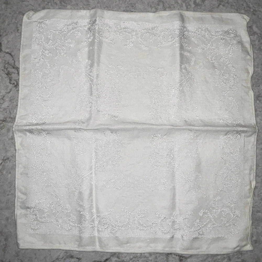 Vintage Rectangle Cream Linen Tablecloth & 6 Napkins Embroidered Scroll Design